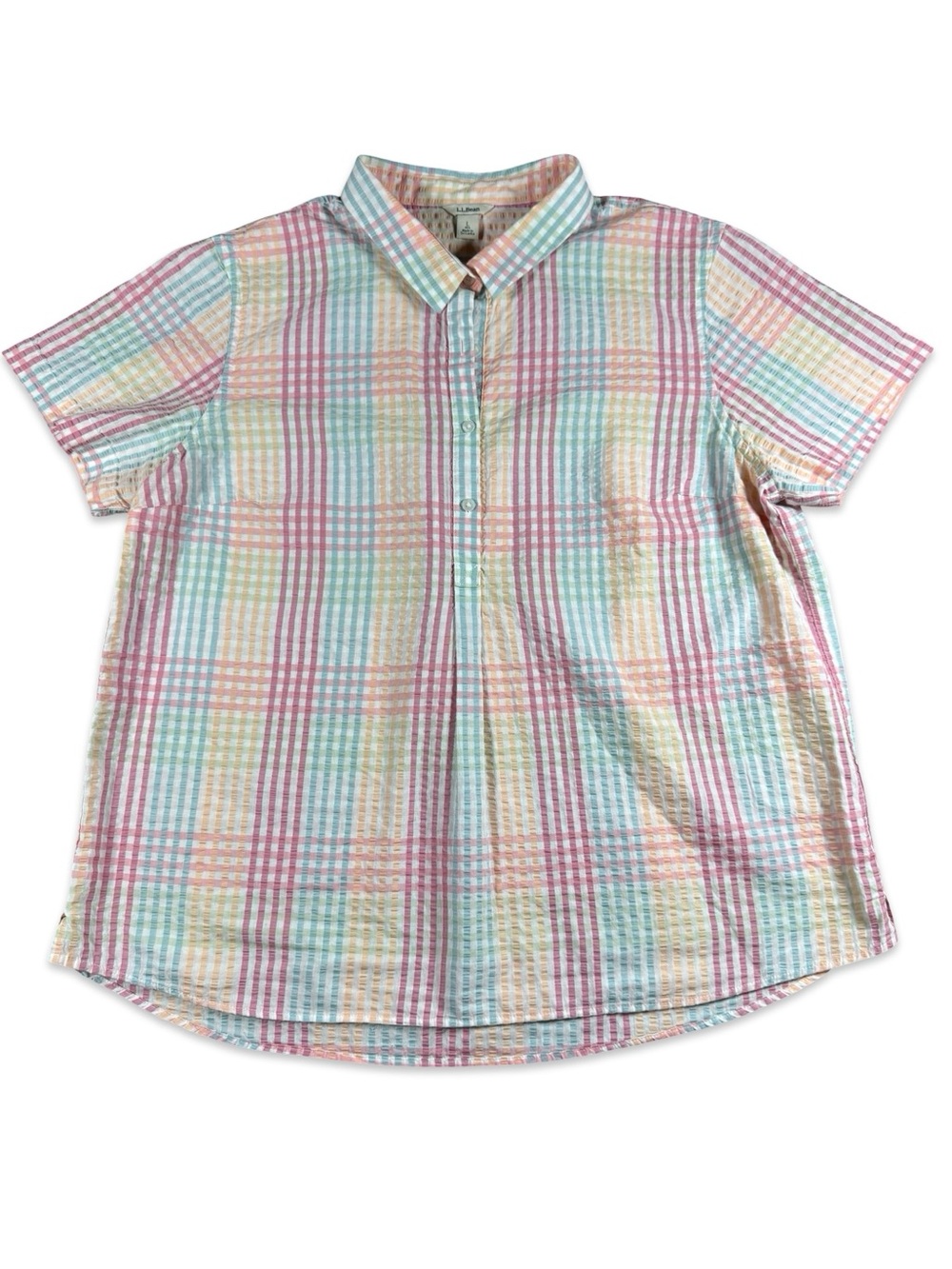 LL Bean‎ Vacationland Seersucker Short Sleeve Popover Plaid Shirt Size Large L